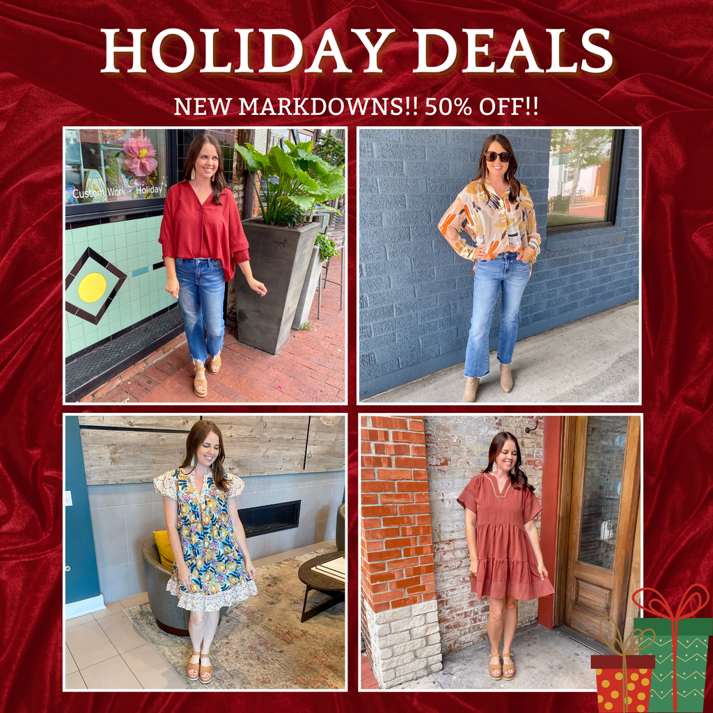 Shop Holiday Deals at Lyla's Clothing and Gifts! 50% OFF CLOTHING MARKDOWNS! Shop in-stores; Downtown Plano, Rockwall and ONLINE 24/7! Get your holiday shopping done at Lyla's!