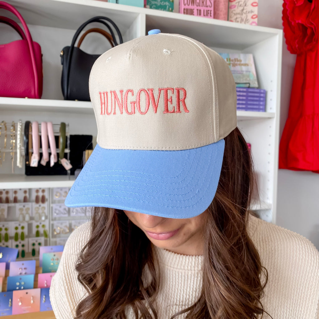 Hungover Two-Toned Blue and Tan Vintage Baseball Hat - Lyla's: Clothing, Decor & More - Plano Boutique