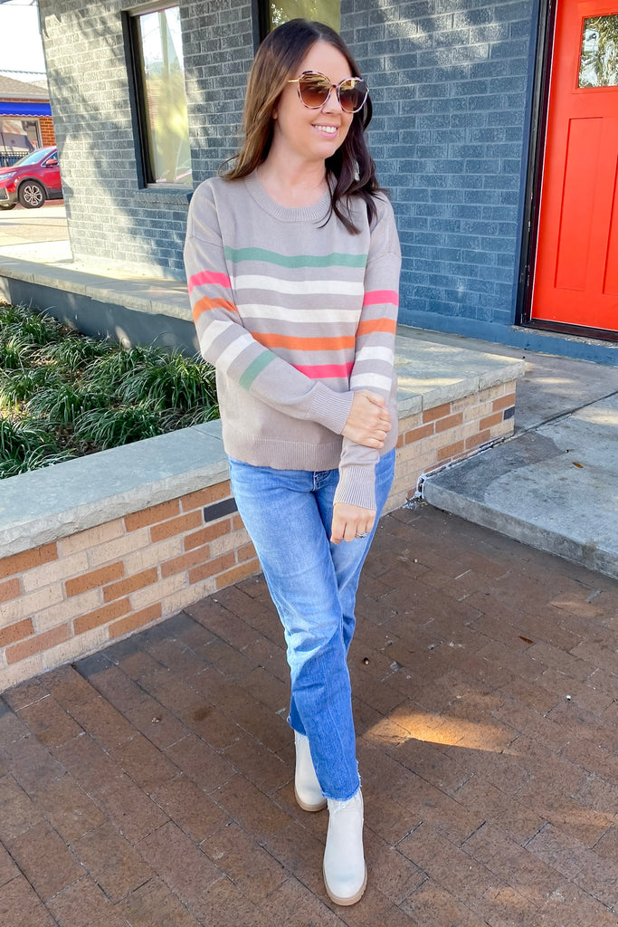 When I Want To Striped Taupe Sweater - Lyla's: Clothing, Decor & More - Plano Boutique