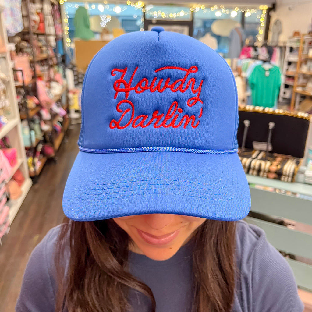 Howdy Darlin' Embroidery Cobalt Blue Mesh Back Trucker Hat - Lyla's: Clothing, Decor & More - Plano Boutique