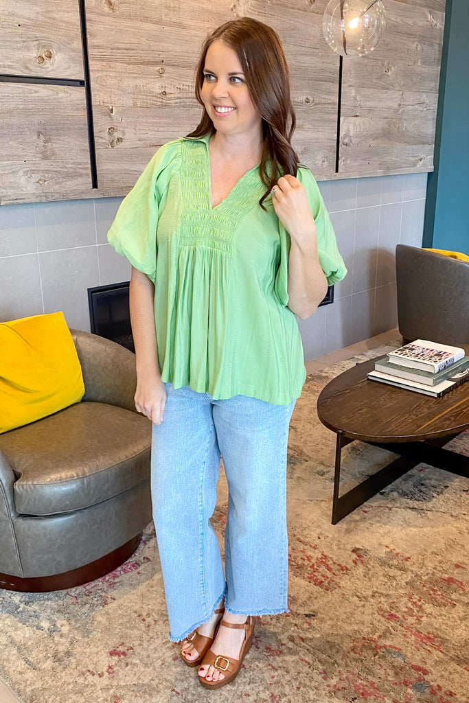 Serenity Smocked Sage Top - Lyla's: Clothing, Decor & More - Plano Boutique