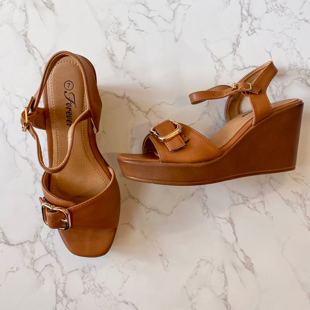 Contest Tan Buckle Wedge - Lyla's: Clothing, Decor & More - Plano Boutique