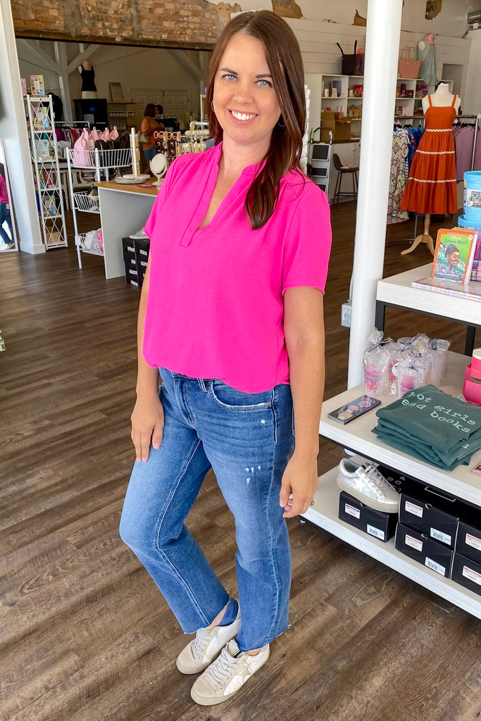 Placket Hot Pink Top - Lyla's: Clothing, Decor & More - Plano Boutique