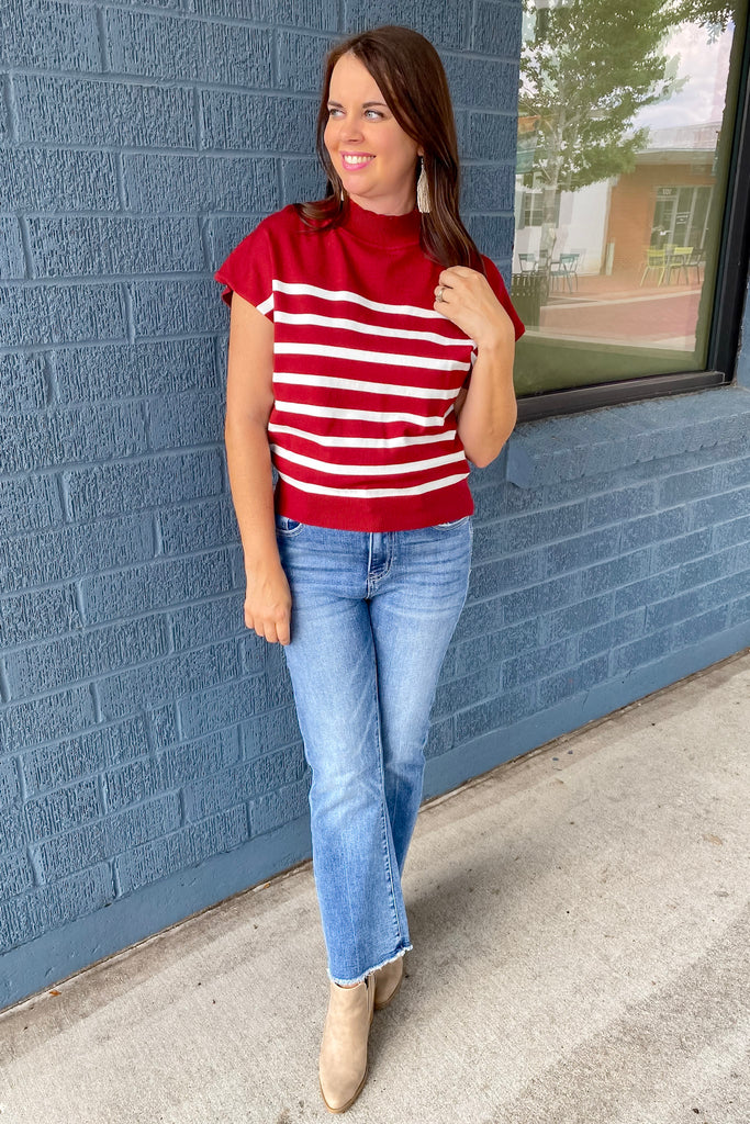 Striped Merlot Mock Neck Short Sleeve Top - Lyla's: Clothing, Decor & More - Plano Boutique