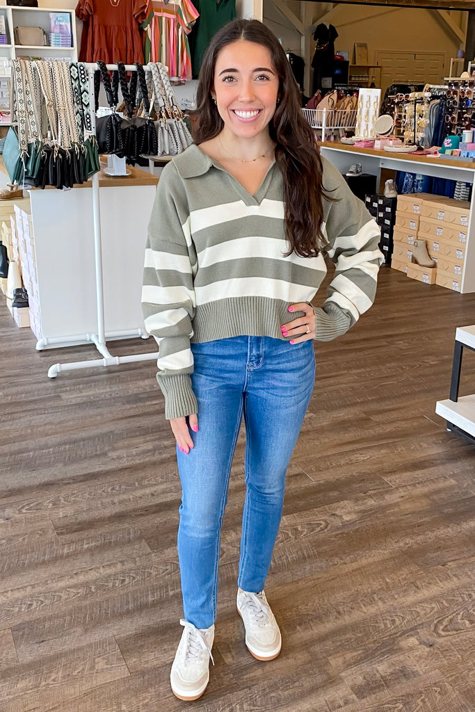 Two Weeks Notive Olive Striped Sweater - Lyla's: Clothing, Decor & More - Plano Boutique