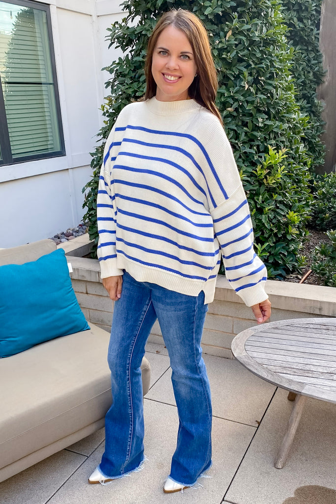 Tell Me More Blue and Off White Striped Sweater - Lyla's: Clothing, Decor & More - Plano Boutique