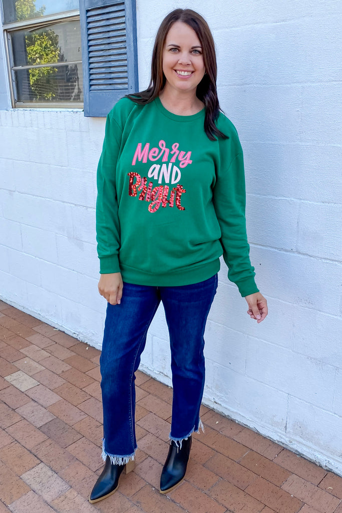 Merry & Bright Sequin Green Sweatshirt - Lyla's: Clothing, Decor & More - Plano Boutique