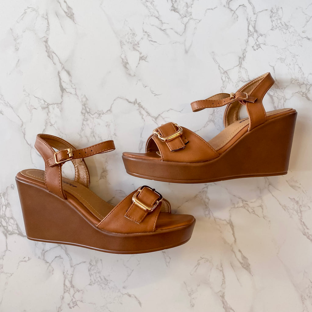 Contest Tan Buckle Wedge - Lyla's: Clothing, Decor & More - Plano Boutique