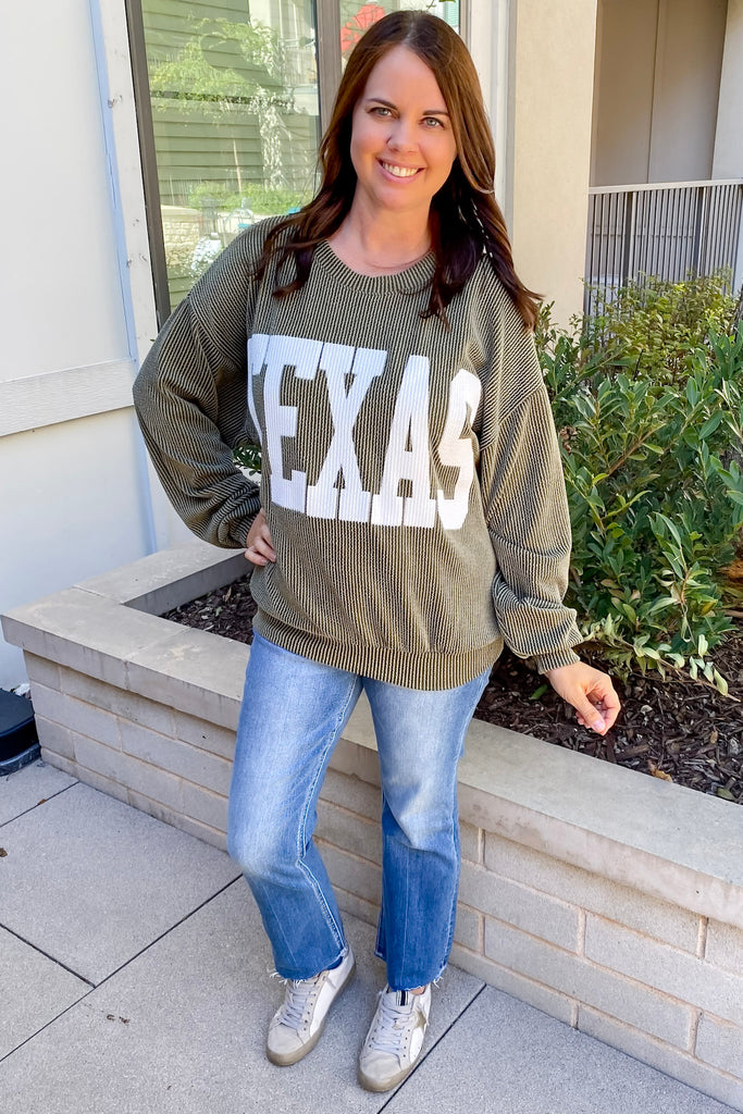 Texas Corduroy Graphic Olive Sweater - Lyla's: Clothing, Decor & More - Plano Boutique