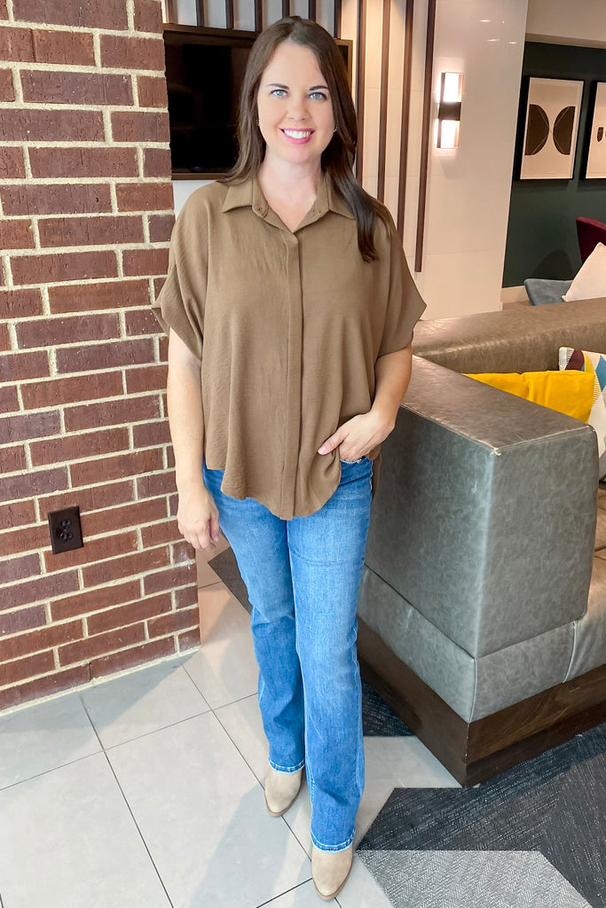 Drapey High Lo Button Up Coffee Top - Lyla's: Clothing, Decor & More - Plano Boutique