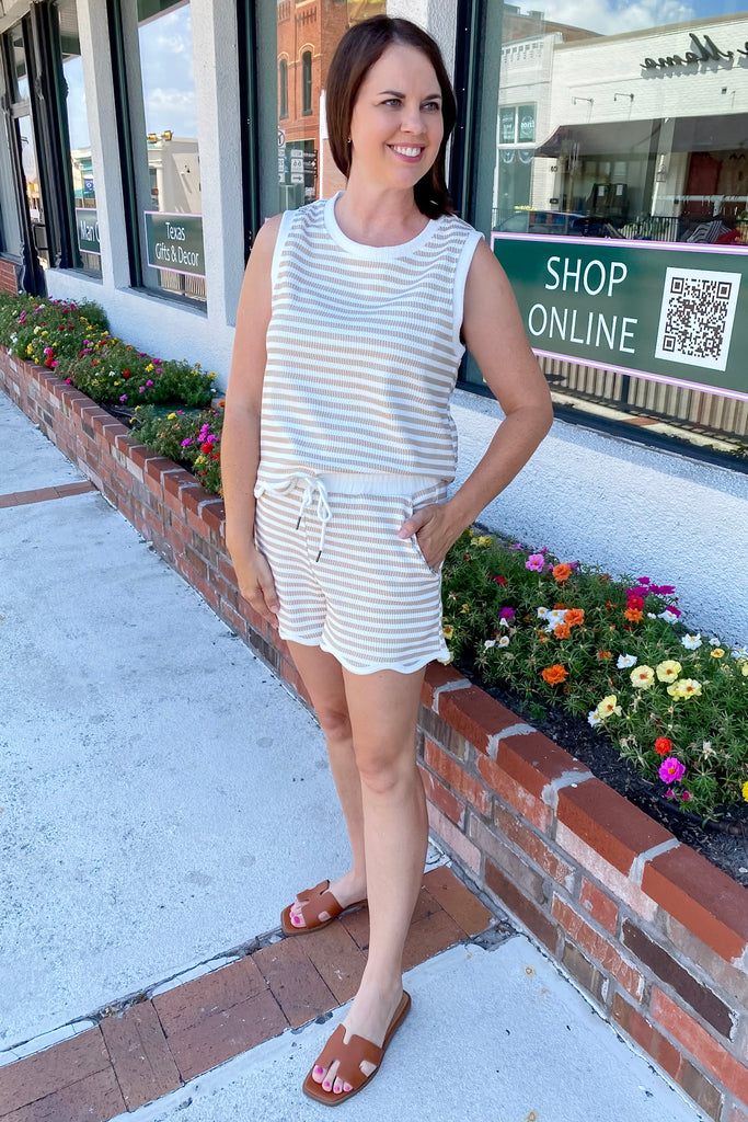 Taupe and White Striped Shorts - Lyla's: Clothing, Decor & More - Plano Boutique