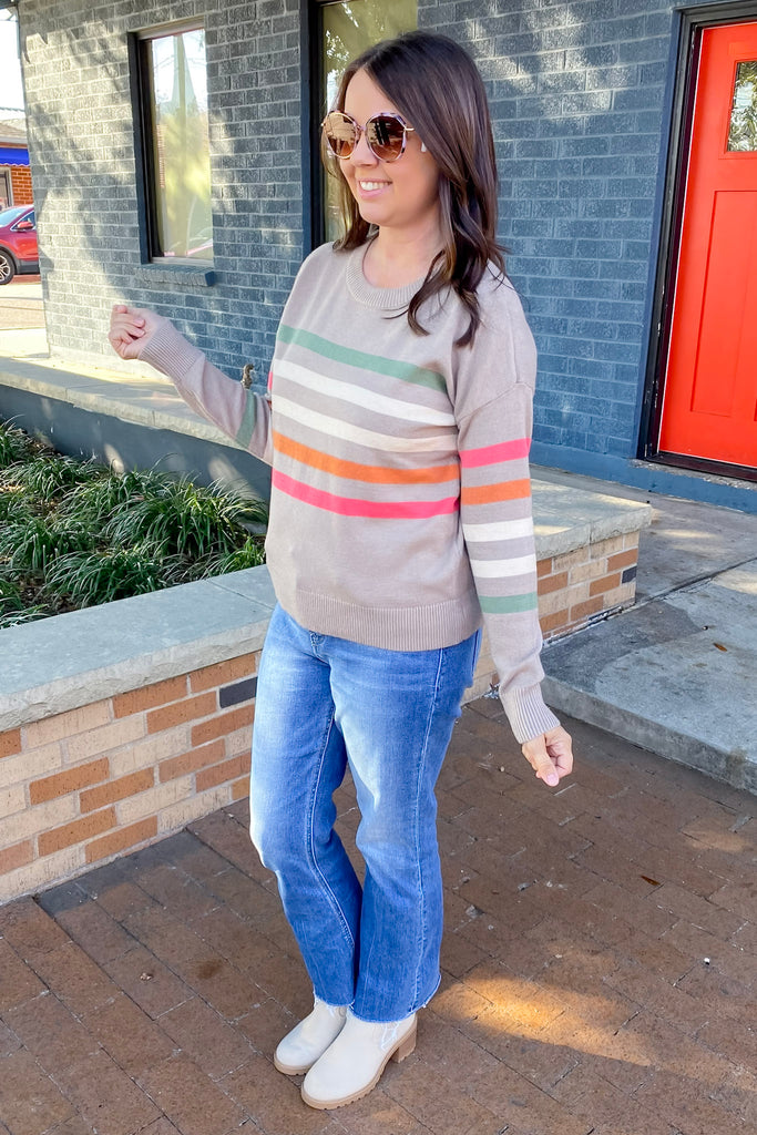 When I Want To Striped Taupe Sweater - Lyla's: Clothing, Decor & More - Plano Boutique