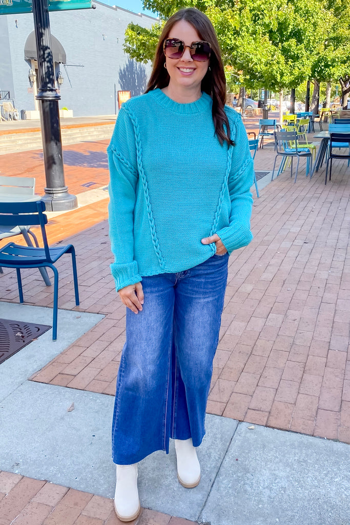 Braided Detail Teal Sweater - Lyla's: Clothing, Decor & More - Plano Boutique