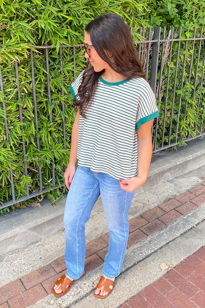 Juniper Green Striped Top - Lyla's: Clothing, Decor & More - Plano Boutique