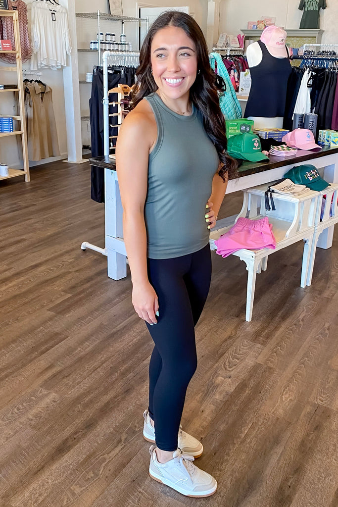 Athleisure Butter Sleeveless Racer Back Top Grey Sage - Lyla's: Clothing, Decor & More - Plano Boutique