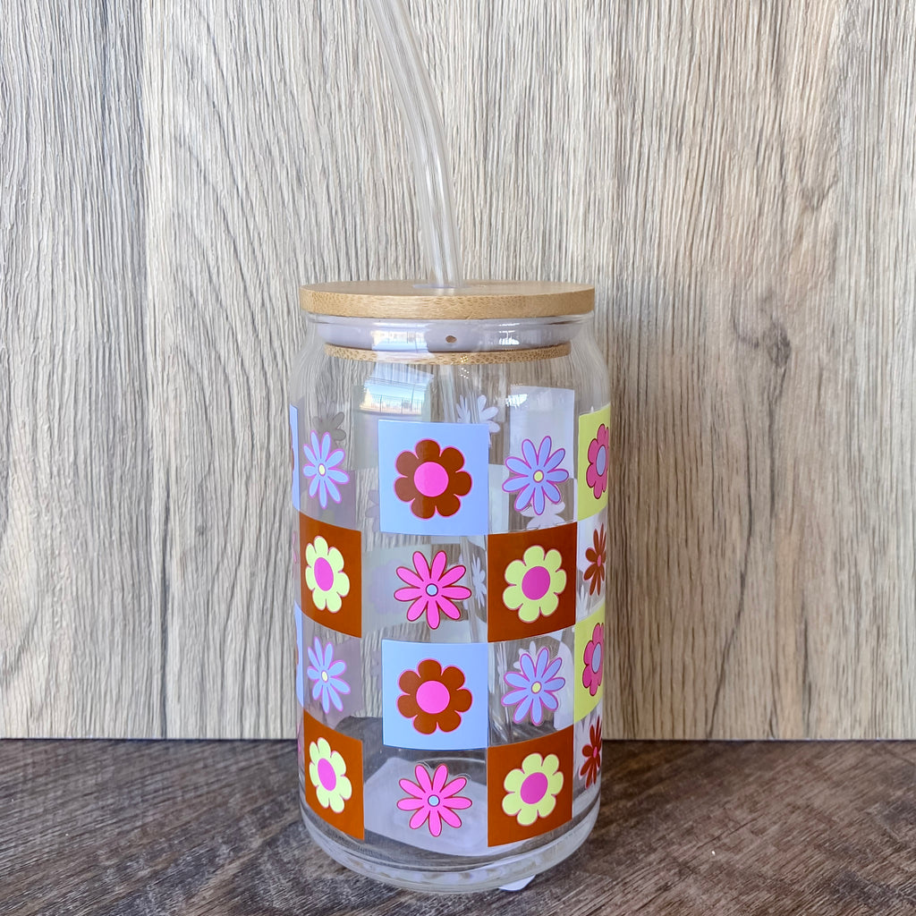 Clara Checker Can Glass with Lid & Straw - Lyla's: Clothing, Decor & More - Plano Boutique