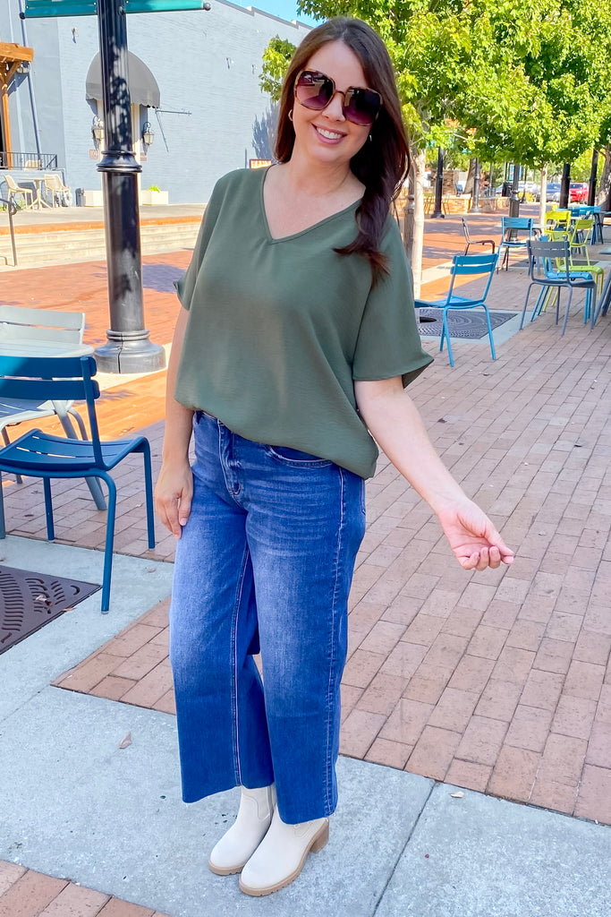 Simple V Neckline Olive Top - Lyla's: Clothing, Decor & More - Plano Boutique