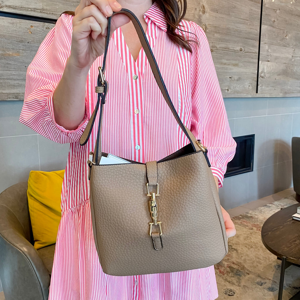 Jen & Co Agnes Vegan Press-Lock Satchel - Taupe - Lyla's: Clothing, Decor & More - Plano Boutique