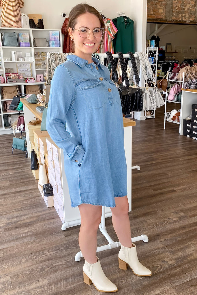 Chambray Collared Longsleeve Dress - Lyla's: Clothing, Decor & More - Plano Boutique