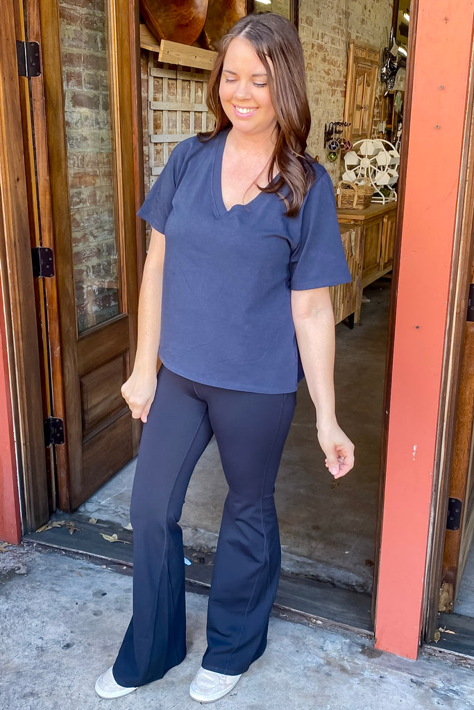Athleisure Pima Cotton Blend V Neckline Navy Top - Lyla's: Clothing, Decor & More - Plano Boutique