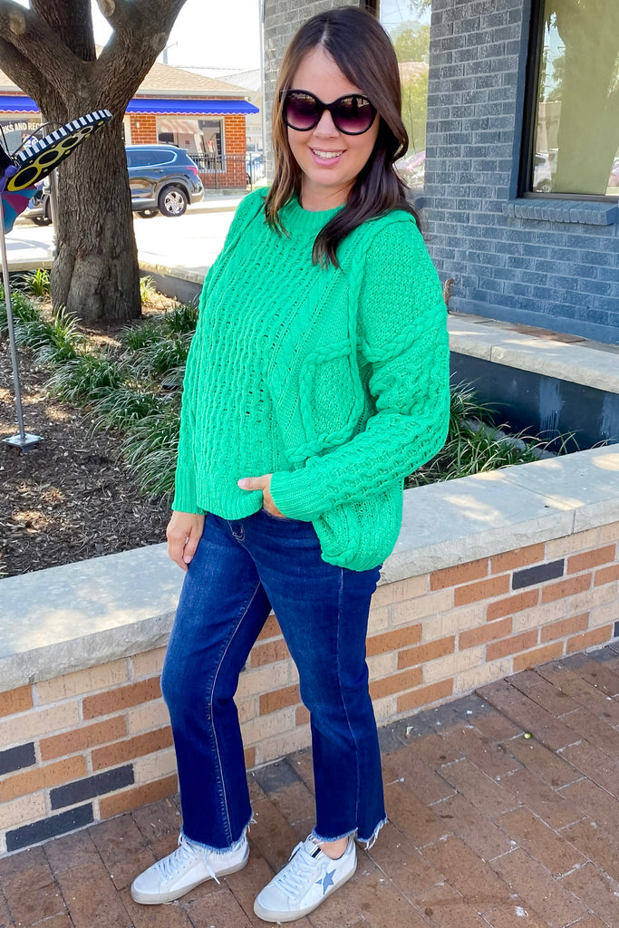 Electric Braided Kelly Green Sweater - Lyla's: Clothing, Decor & More - Plano Boutique