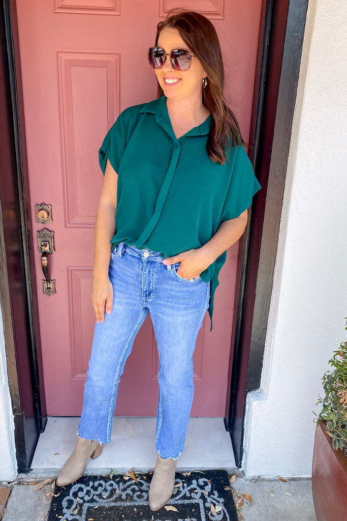 Drapey High Lo Button Up Hunter Green Top - Lyla's: Clothing, Decor & More - Plano Boutique