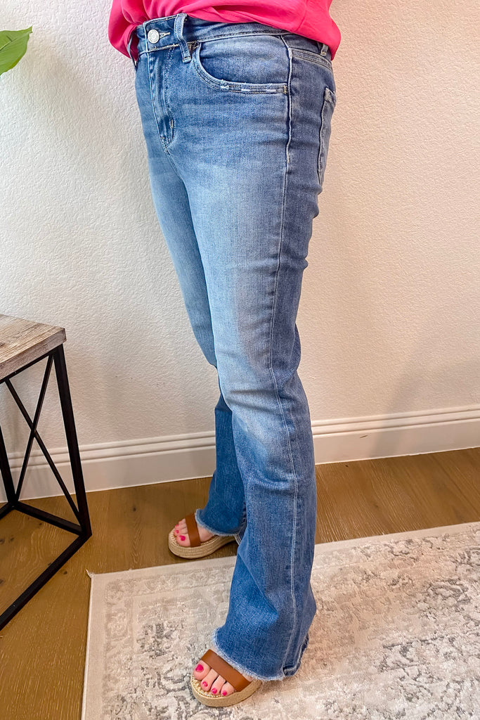 Bella Crate High Rise Slant Hem Flare Denim by Vervet - Lyla's: Clothing, Decor & More - Plano Boutique