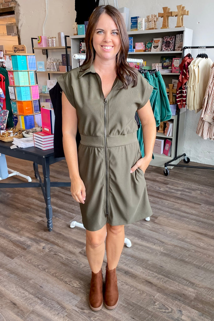 Set It Off Zipper Army Green Dress - Lyla's: Clothing, Decor & More - Plano Boutique