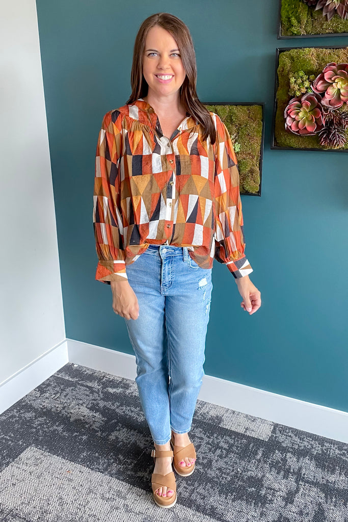 Falling In Love Hazel Nut Geometric Top - Lyla's: Clothing, Decor & More - Plano Boutique