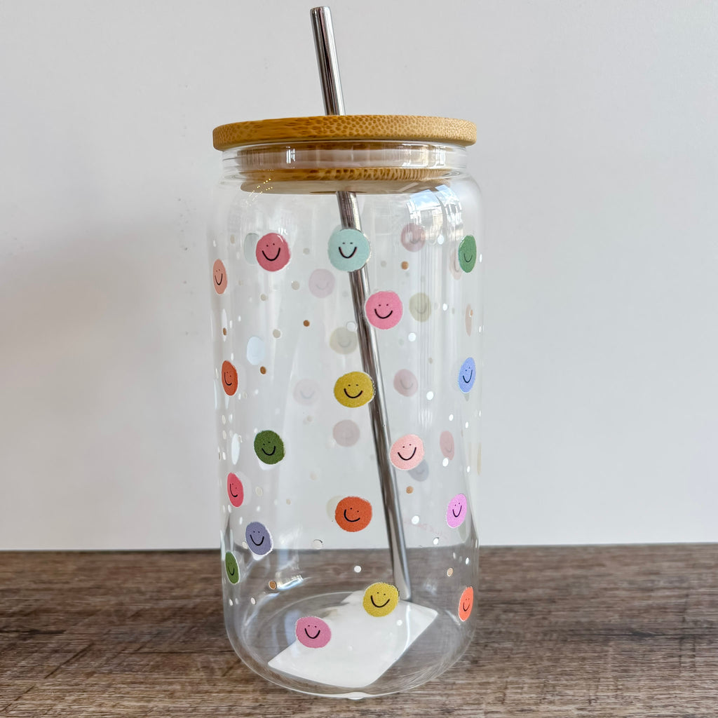 Happy Day Smiley Glass Can by Callie Danielle - Lyla's: Clothing, Decor & More - Plano Boutique