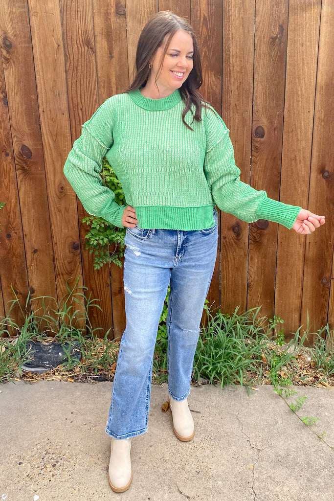 Day By Day Two Toned Green Sweater - Lyla's: Clothing, Decor & More - Plano Boutique