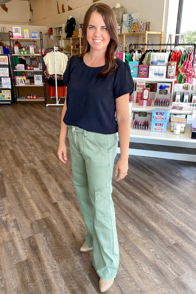 Olivia Army Green High Rise Utility Cargo Wide Leg Denim by Vervet - Lyla's: Clothing, Decor & More - Plano Boutique