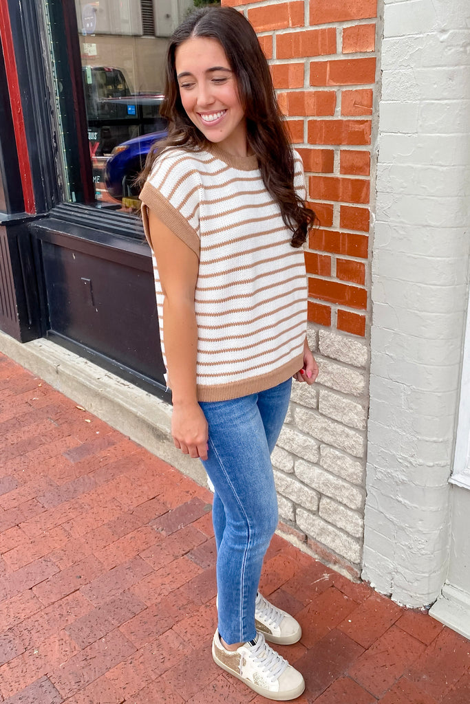 Taupe and White Striped Knitted Top - Lyla's: Clothing, Decor & More - Plano Boutique