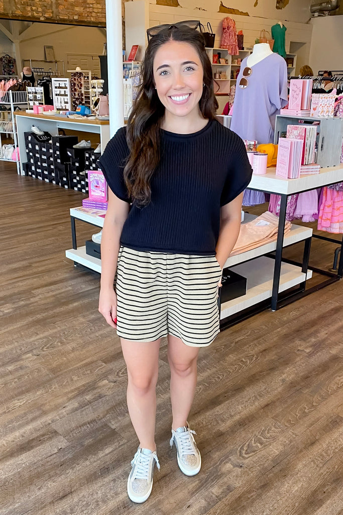 You are Perfect Taupe and Black Striped Shorts - Lyla's: Clothing, Decor & More - Plano Boutique