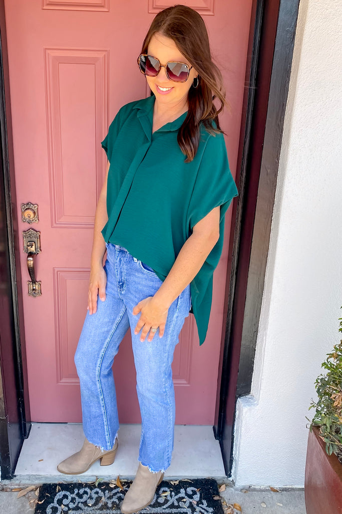 Drapey High Lo Button Up Hunter Green Top - Lyla's: Clothing, Decor & More - Plano Boutique