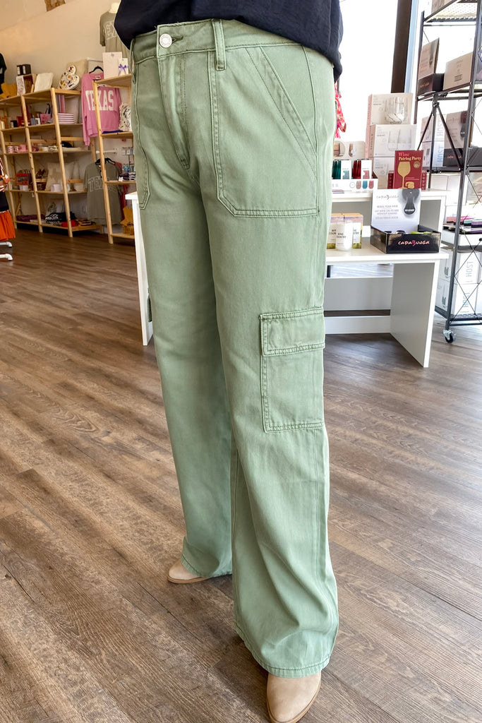 Olivia Army Green High Rise Utility Cargo Wide Leg Denim by Vervet - Lyla's: Clothing, Decor & More - Plano Boutique