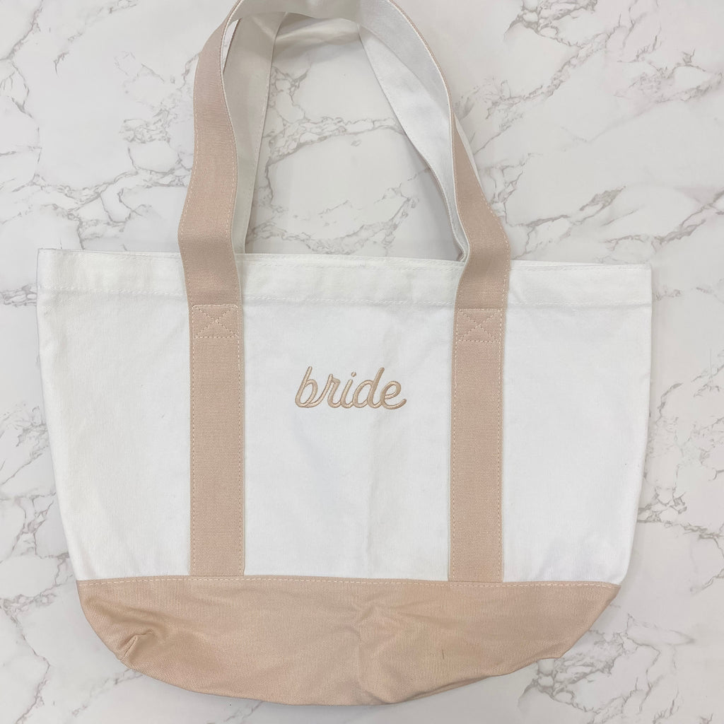 Beige Bride Embroidered Tote Bag by XO Fetti - Lyla's: Clothing, Decor & More - Plano Boutique