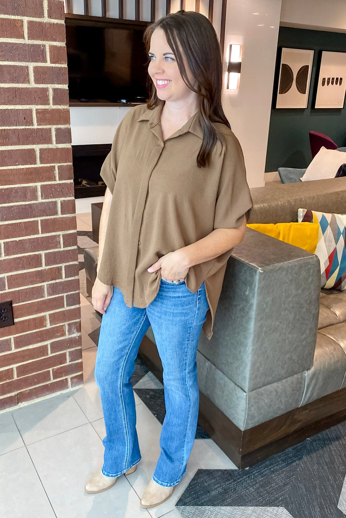 Drapey High Lo Button Up Coffee Top - Lyla's: Clothing, Decor & More - Plano Boutique