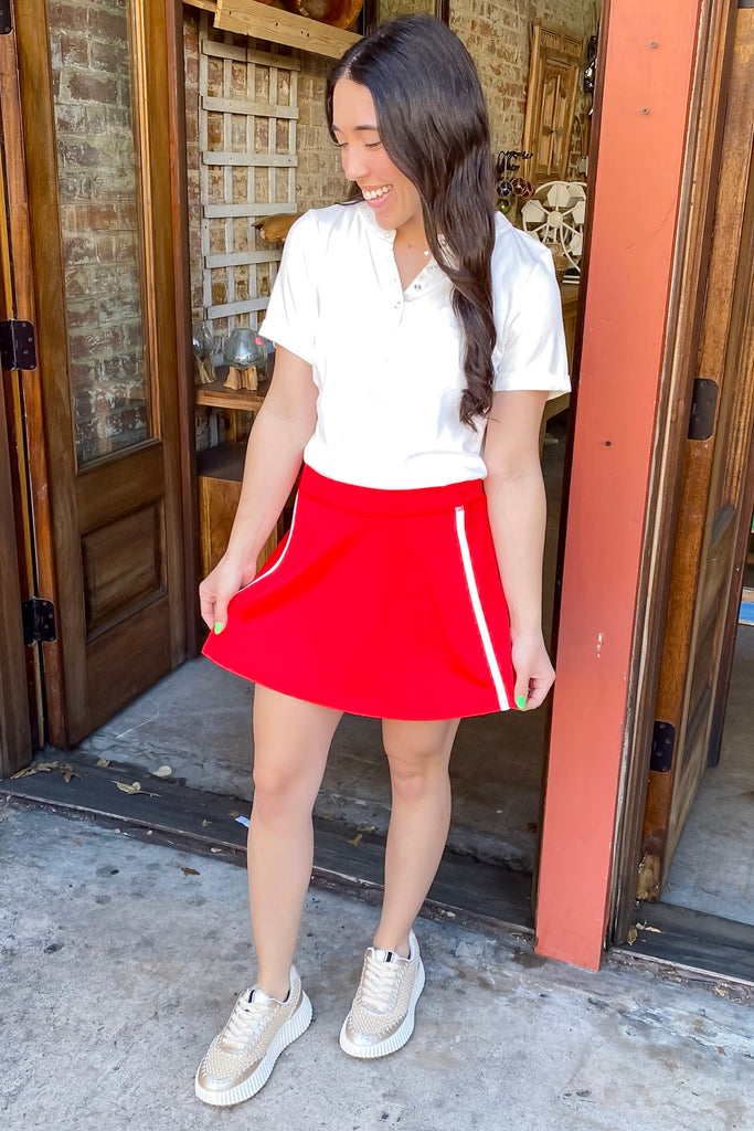 Power Play Red Skort - Lyla's: Clothing, Decor & More - Plano Boutique