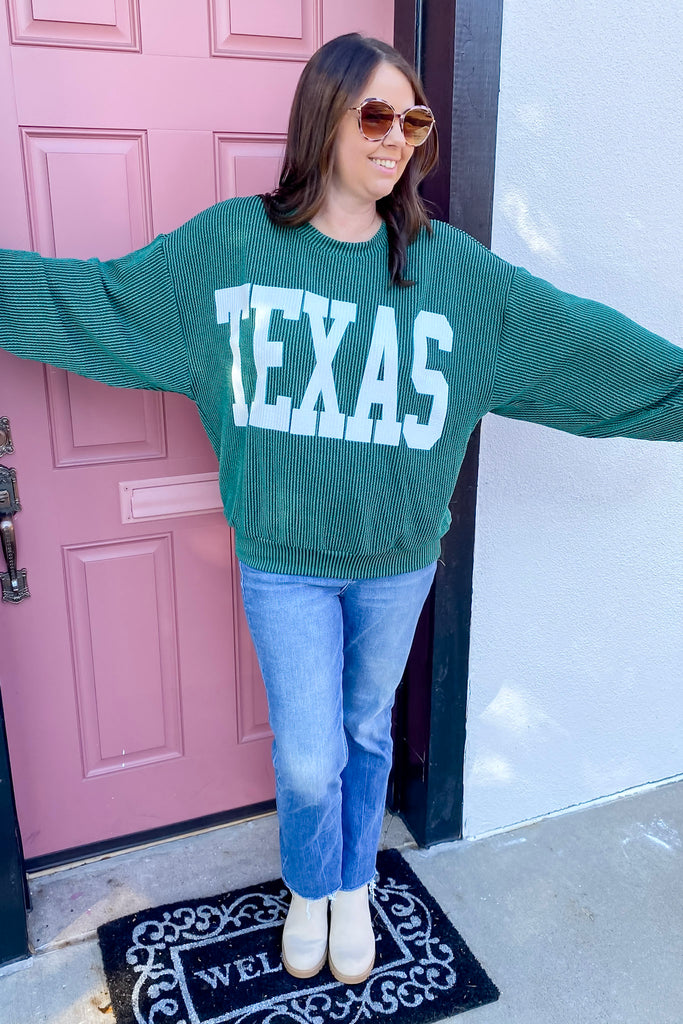 Texas Corduroy Graphic Hunter Green Sweater - Lyla's: Clothing, Decor & More - Plano Boutique