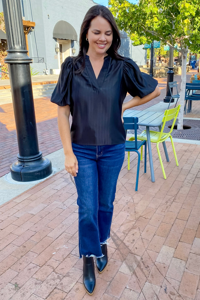 Glam It Up Black Puff Sleeve Silk Top - Lyla's: Clothing, Decor & More - Plano Boutique