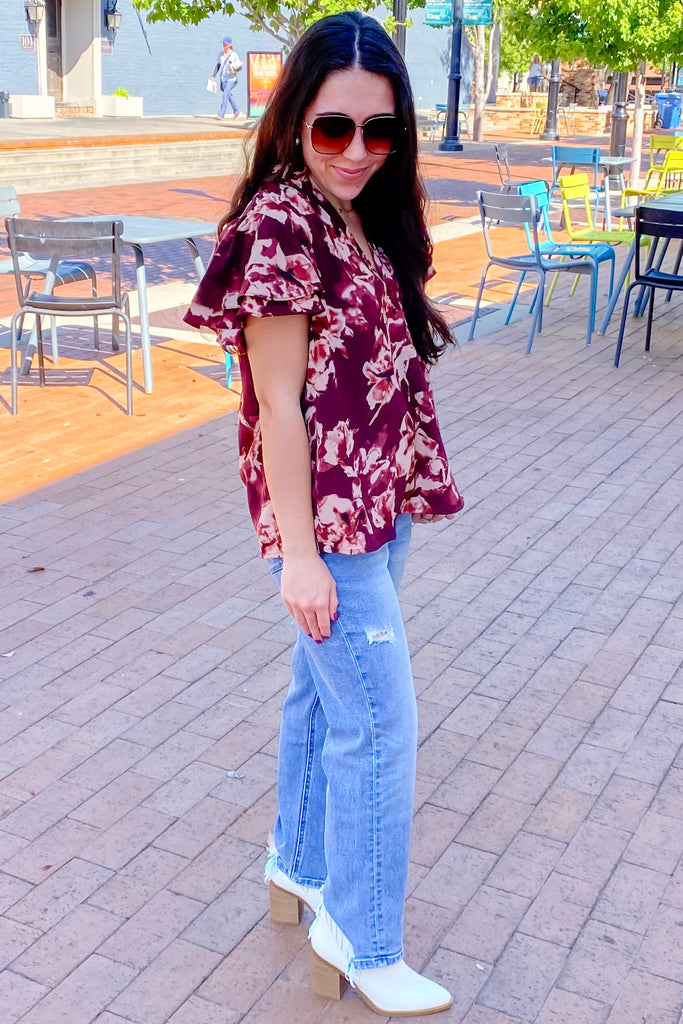 Floral Details Burgundy Print Top - Lyla's: Clothing, Decor & More - Plano Boutique