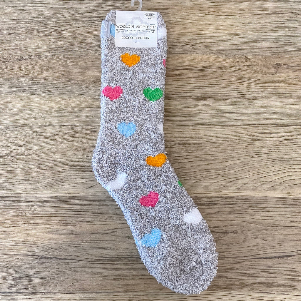 Colorful Hearts Grey Cozy Ladies Socks - Lyla's: Clothing, Decor & More - Plano Boutique