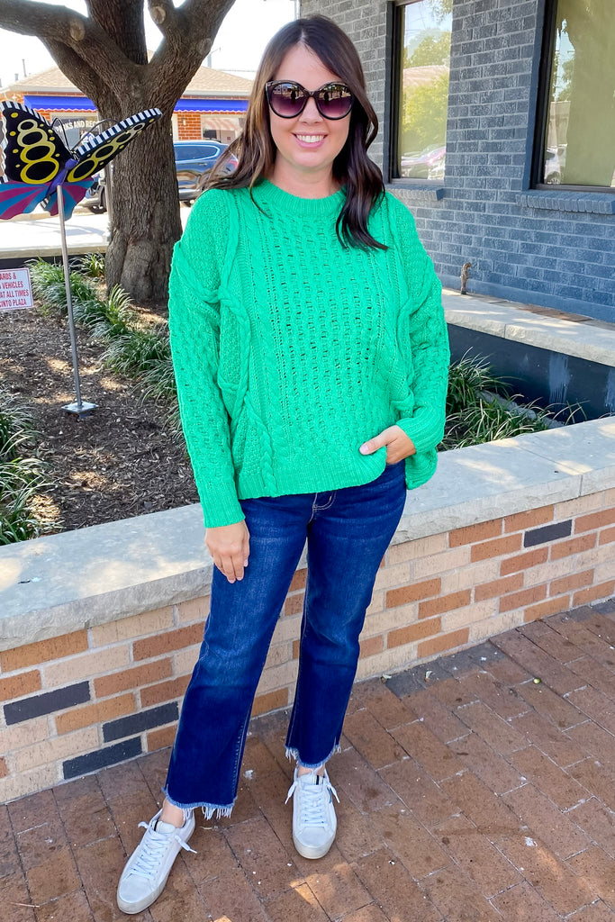 Electric Braided Kelly Green Sweater - Lyla's: Clothing, Decor & More - Plano Boutique