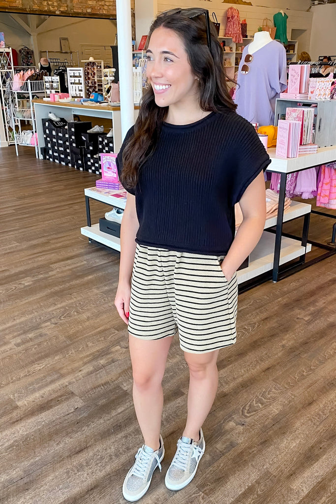 You are Perfect Taupe and Black Striped Shorts - Lyla's: Clothing, Decor & More - Plano Boutique