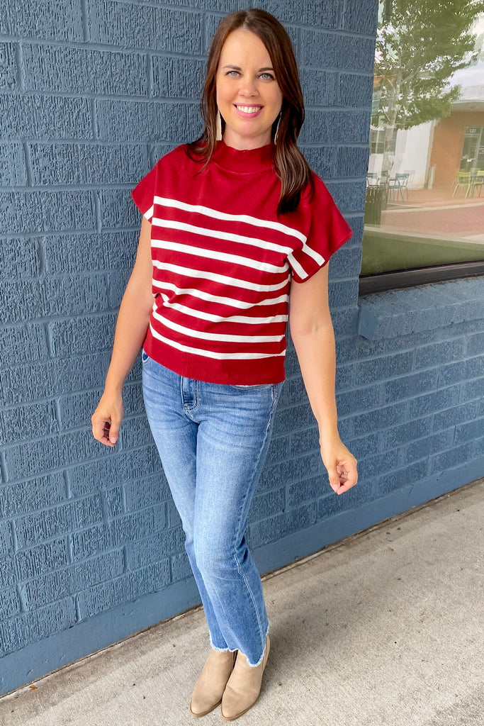 Striped Merlot Mock Neck Short Sleeve Top - Lyla's: Clothing, Decor & More - Plano Boutique