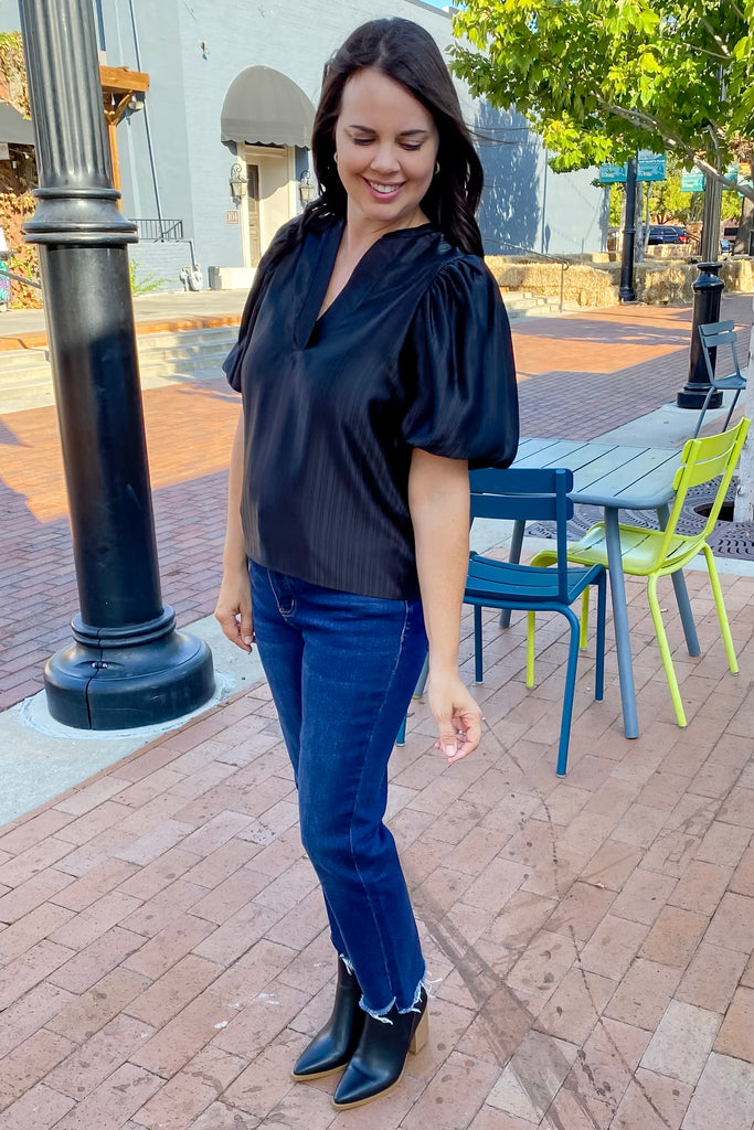 Glam It Up Black Puff Sleeve Silk Top - Lyla's: Clothing, Decor & More - Plano Boutique