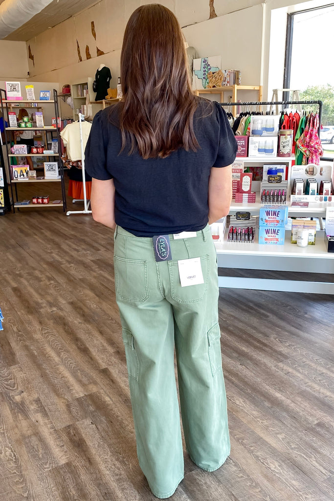 Olivia Army Green High Rise Utility Cargo Wide Leg Denim by Vervet - Lyla's: Clothing, Decor & More - Plano Boutique